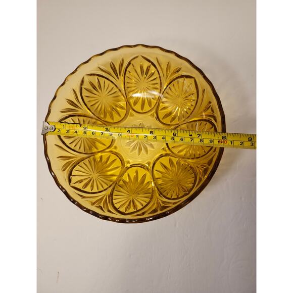 Anchor Hocking Vintage 2 Pc Chip And Dip Amber Pressed Medallion Glass Gold - Picture 8 of 9